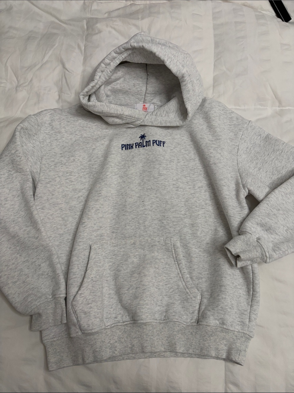 PINK Palm Puff Light Gray Pullover Hoodie with Navy Logo